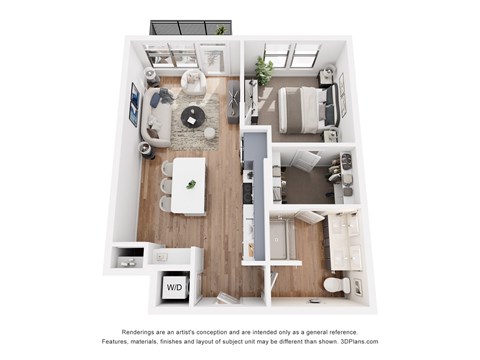 Floor plan for 1 bed, 1 bath, 725 sqft